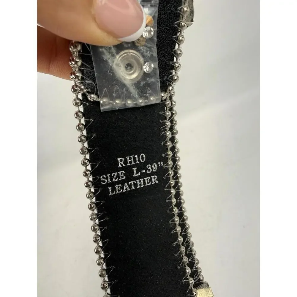 RhiO Leather Belt Studded Rhinestone Western Rocker Cowgirl Glam Size L Silver